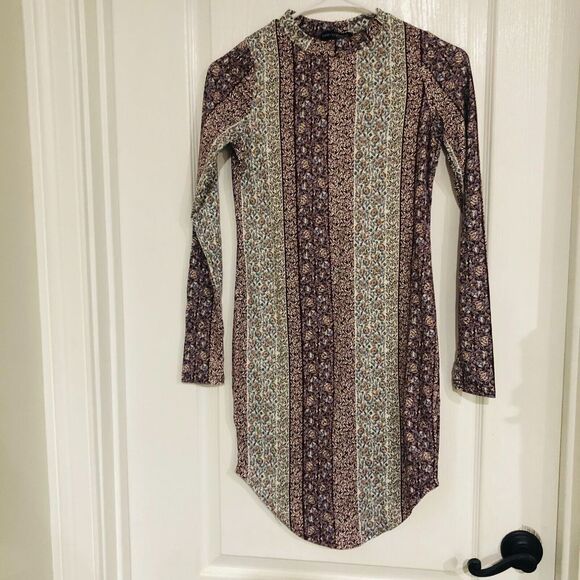 Love Cameron LA Floral Print Long Sleeve Stretch Mini Dress Brown &‎ Ivory Small - Picture 1 of 6